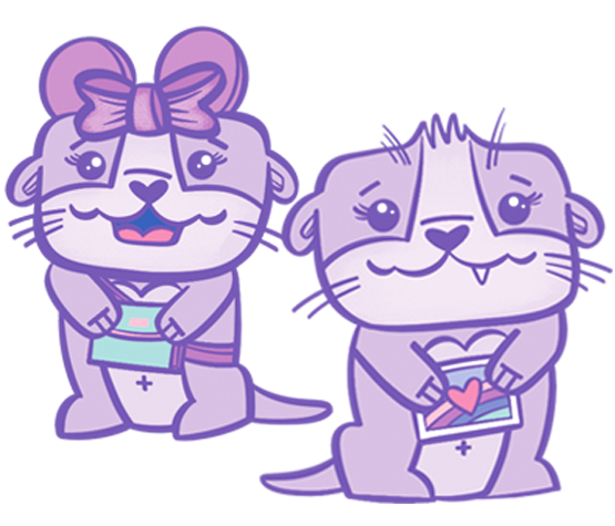 Miro and Luna copyright drawing of two cute purple otters. Otter on the left is giggling, wearing a theme park headband with a bow and holding a small aqua crossbody purse. The otter on the right is smiling with one tooth showing, holding a cute art print of a sky with a colorful rainbow and a heart.