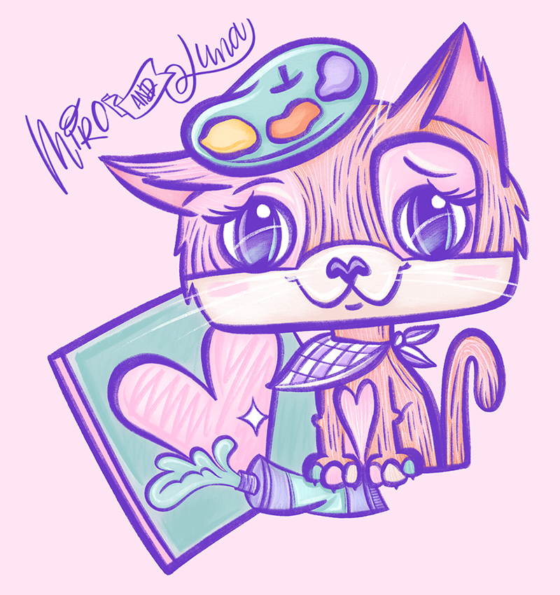 Miro and Luna copyright drawing of a pink/peach cute cat artist stepping on a tube of aqua paint that splashes onto a canvas.